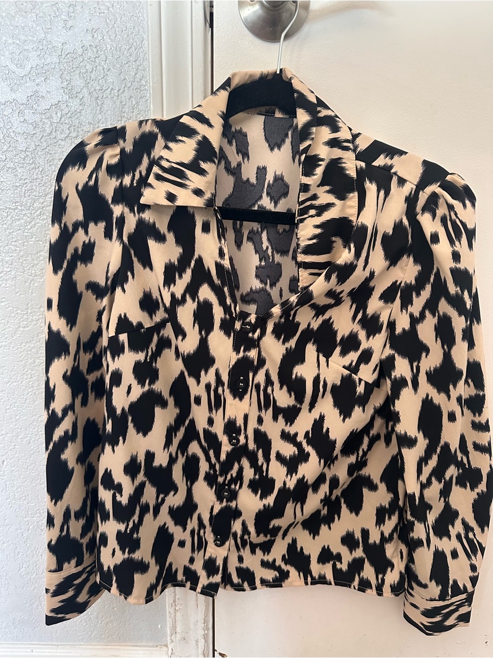SHEIN Black and Beige Animal Print Button-Up Blouse